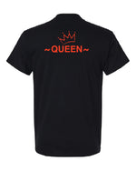 Faith, Royalty & Christian shirts for women — 'Queen' Edition T-Shirt back view in black with red 'Queen' text and crown, empowering Christian apparel.