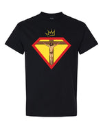 Faith, Royalty & Christian shirts for women — 'Queen' Edition T-Shirt in black with front Christ crucifix and crown emblem, spiritual and stylish.