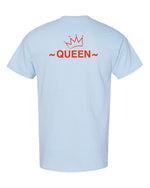Faith, Royalty & Christian shirts for women — 'Queen' Edition T-Shirt back view in light blue with red 'Queen' text and crown, uplifting Christian wear.