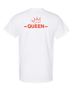 Faith, Royalty & Christian shirts for women — 'Queen' Edition T-Shirt back view in white featuring bold red 'Queen' text with crown graphic.