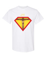 Faith, Royalty & Christian shirts for women — 'Queen' Edition T-Shirt in white with front Christ crucifix and crown emblem, ideal for faith-based fashion.