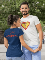 Faith, Royalty & Christian shirts for women — 'Queen' Edition T-Shirt in navy and white, showing front crucifix design and back 'Queen' crown print.