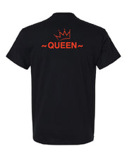 Faith, Royalty & Christian shirts for women — 'Queen' Edition T-Shirt back view in black with red 'Queen' text and crown, empowering Christian apparel.