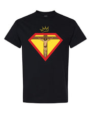 Faith, Royalty & Christian shirts for women — 'Queen' Edition T-Shirt in black with front Christ crucifix and crown emblem, spiritual and stylish.