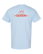 Faith, Royalty & Christian shirts for women — 'Queen' Edition T-Shirt back view in light blue with red 'Queen' text and crown, uplifting Christian wear.