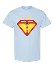 Faith, Royalty & Christian shirts for women — 'Queen' Edition T-Shirt in light blue with Christ crucifix and crown, perfect for bold faith expression.