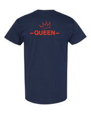 Faith, Royalty & Christian shirts for women — 'Queen' Edition T-Shirt back view in navy with red 'Queen' text and crown, stylish Christian message tee.