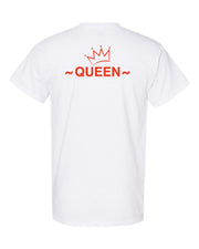 Faith, Royalty & Christian shirts for women — 'Queen' Edition T-Shirt back view in white featuring bold red 'Queen' text with crown graphic.