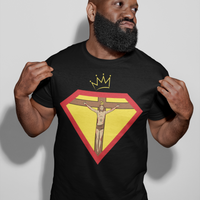 Faith, Royalty & Christian T Shirts 'King' Edition T Shirt featuring Christ on the cross inside a red and yellow shield with a crown above on black fabric.