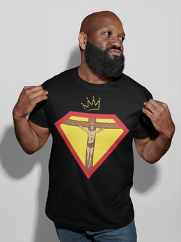 Faith, Royalty & Christian T Shirts 'King' Edition T Shirt featuring Christ on the cross inside a red and yellow shield with a crown above on black fabric.
